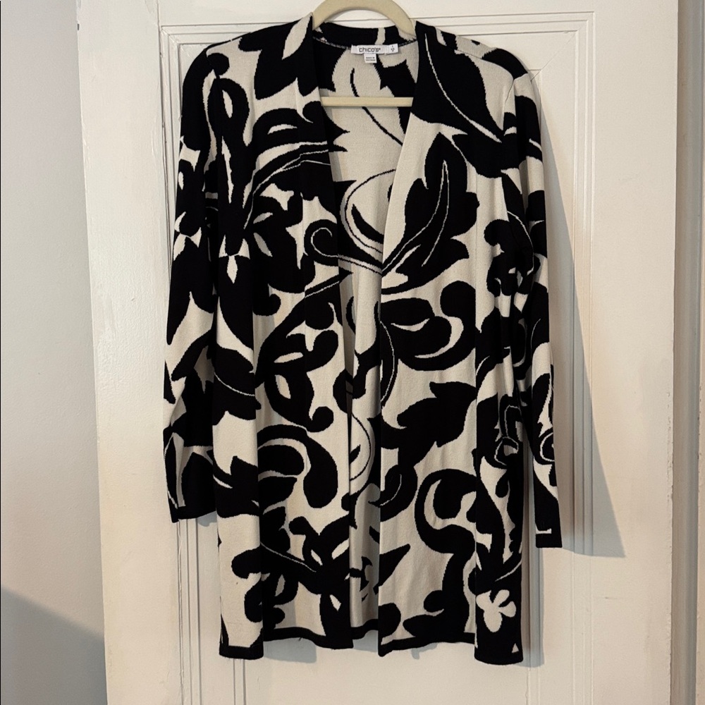 Striking Black and White Floral Tunic-length Cardigan, medium weight sweater.